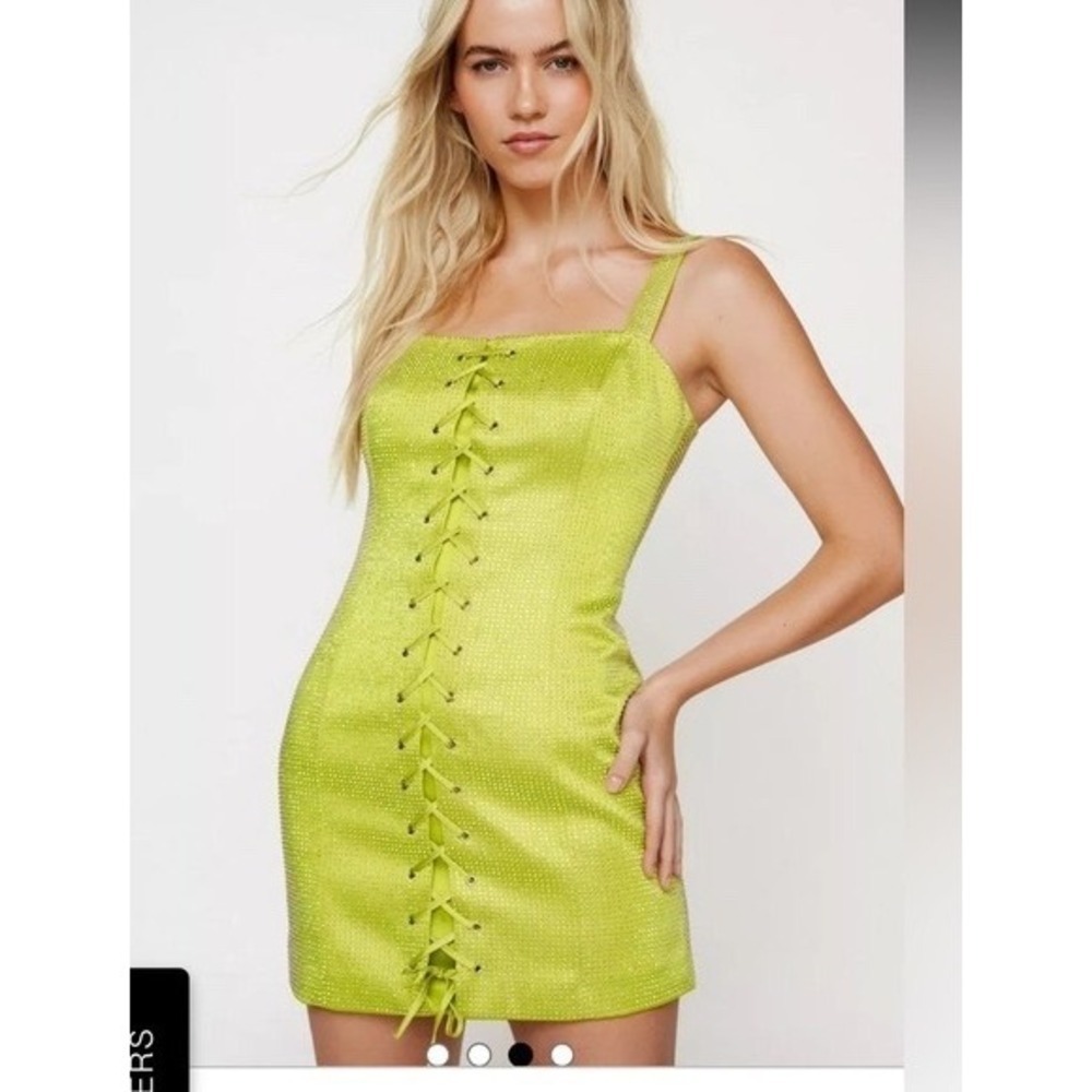 Nasty Gal Hot Fix Lace Up Satin Mini Dress Women Large Lime Green NWT Rhinestone